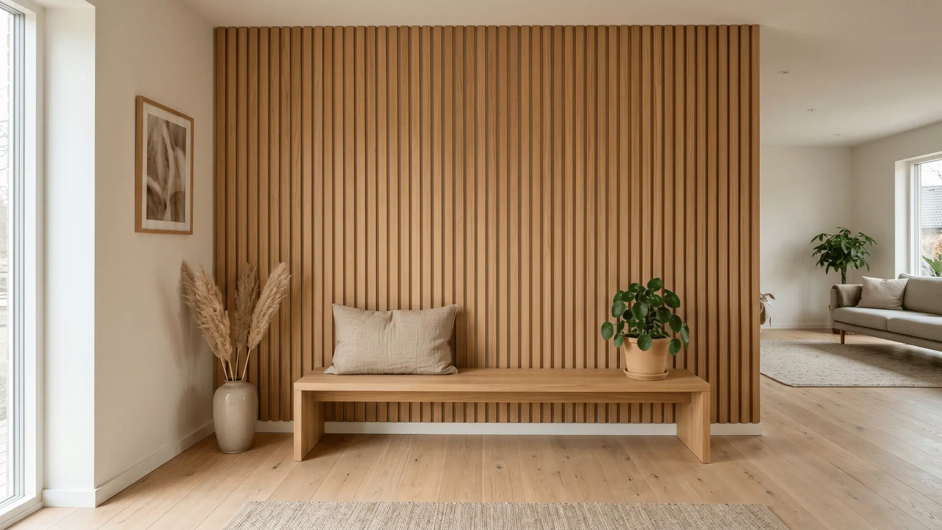 vertical wood slat wall panel adding texture to a minimal interior space