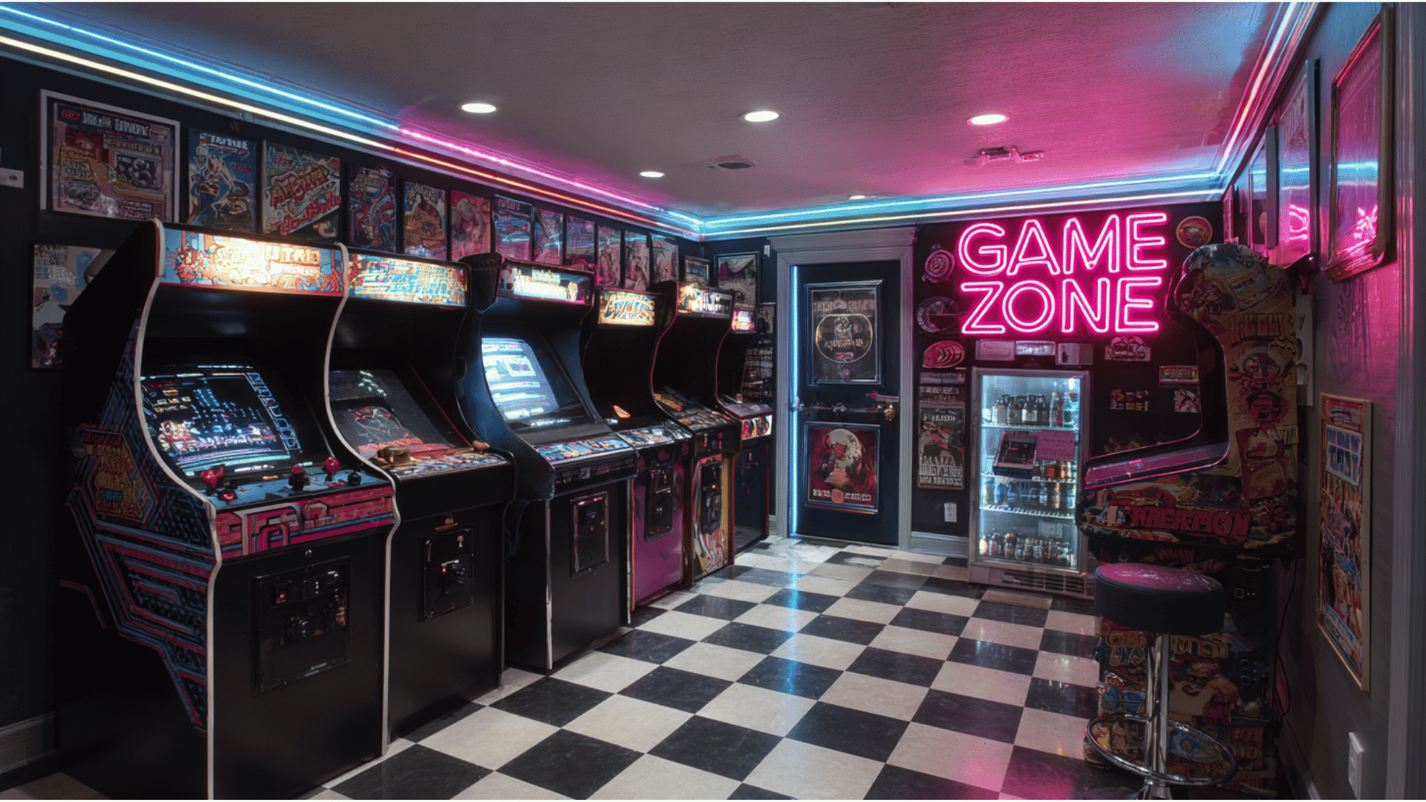 Vibrant basement retro arcade room with classic arcade machines, neon signs, colorful LED lighting, pinball machine, and checkered flooring
