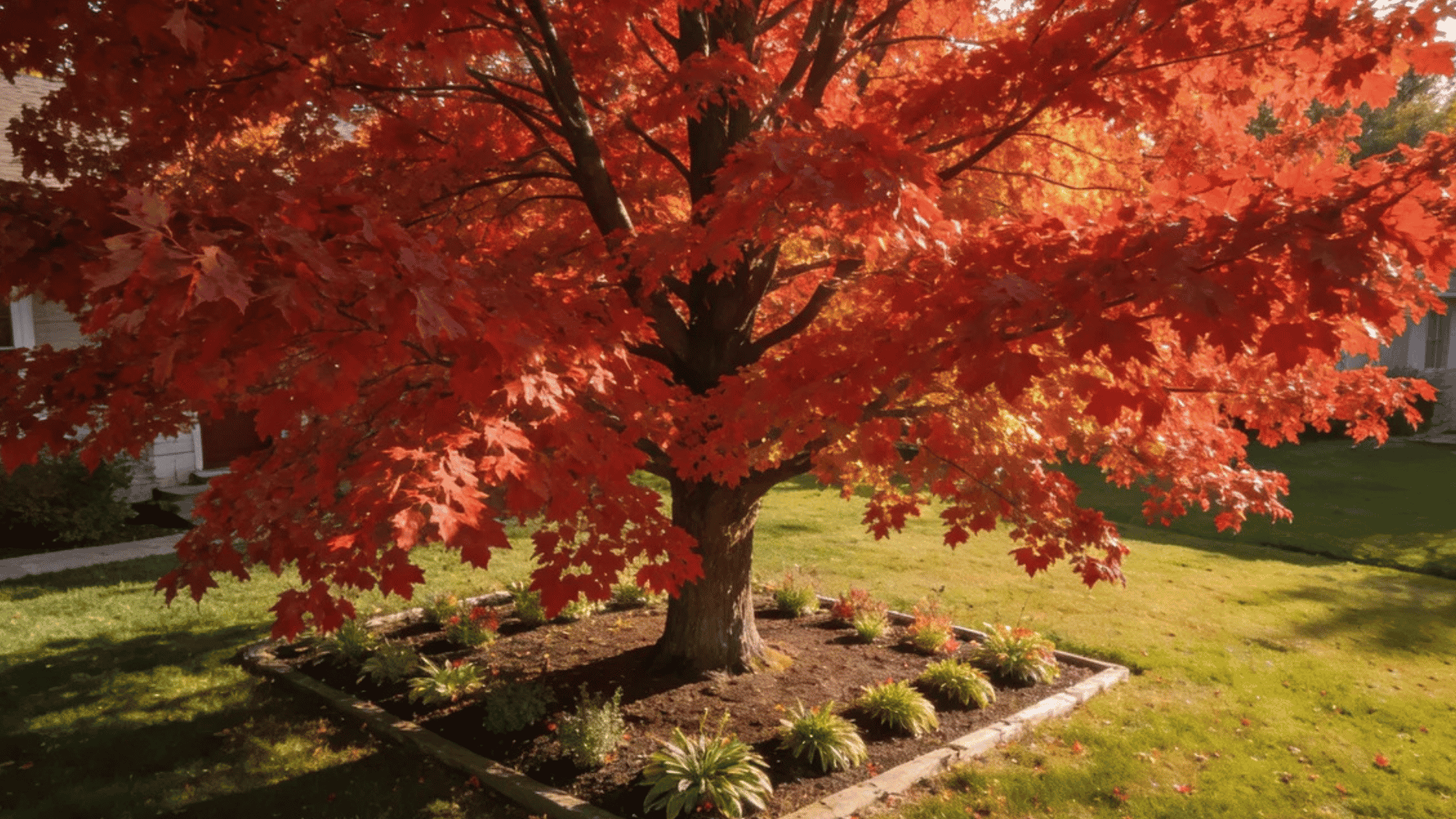 vibrant red maple tree with dense autumn leaves growing in a landscaped garden beside a suburban home
