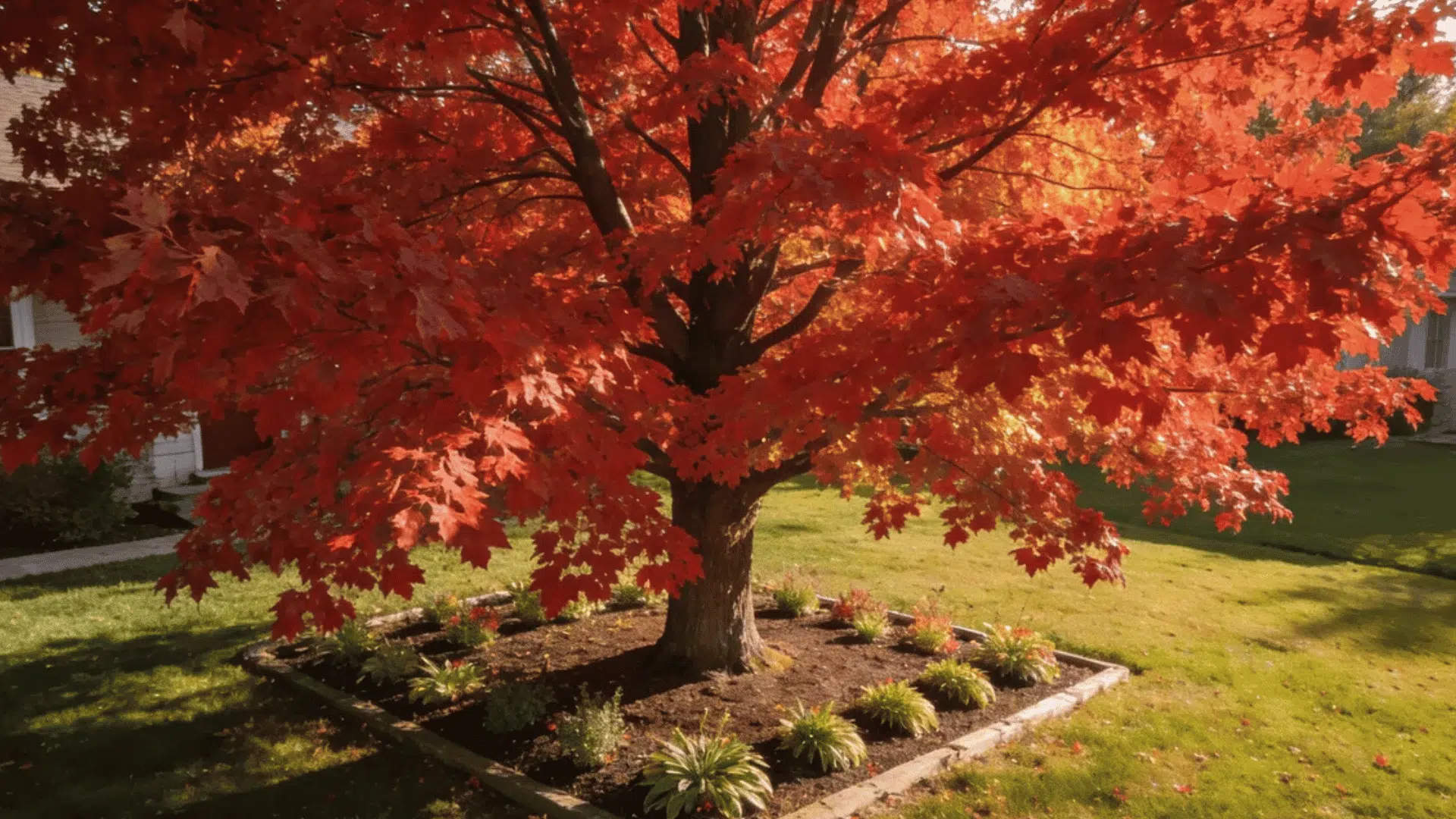 vibrant red maple tree with dense autumn leaves growing in a landscaped garden beside a suburban home