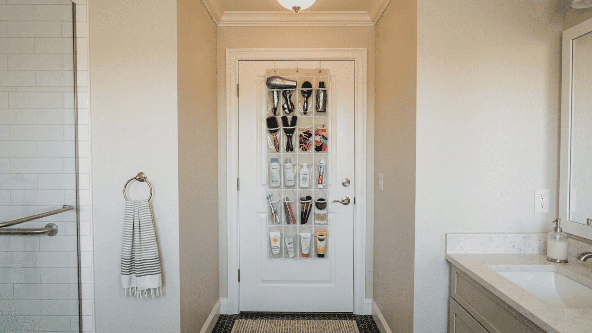 view from inside bathroom showing clear pocket hanging organizer mounted on the back of a closed door