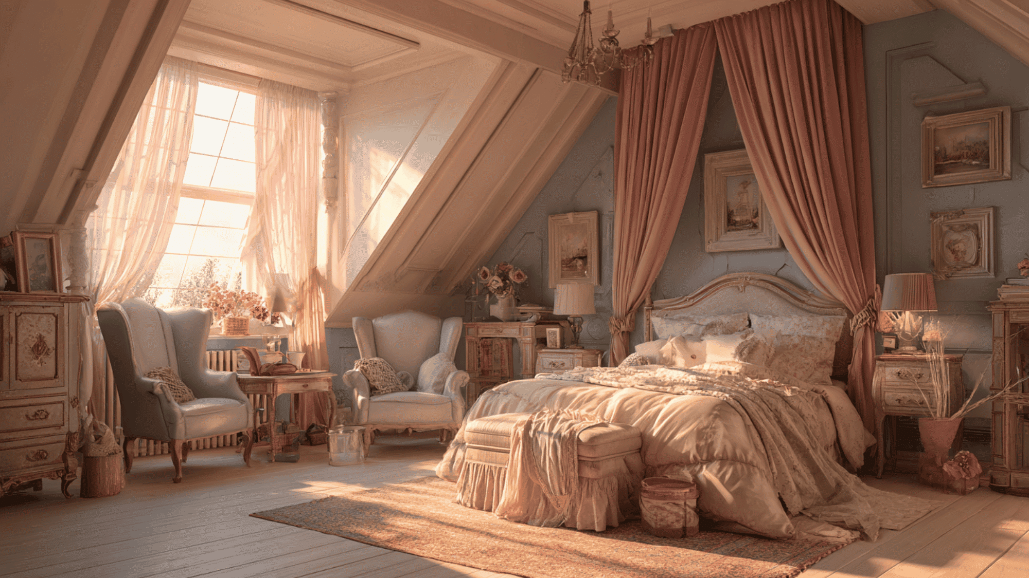 vintage attic bedroom with antique furniture pastel colors and classic décor for timeless charm