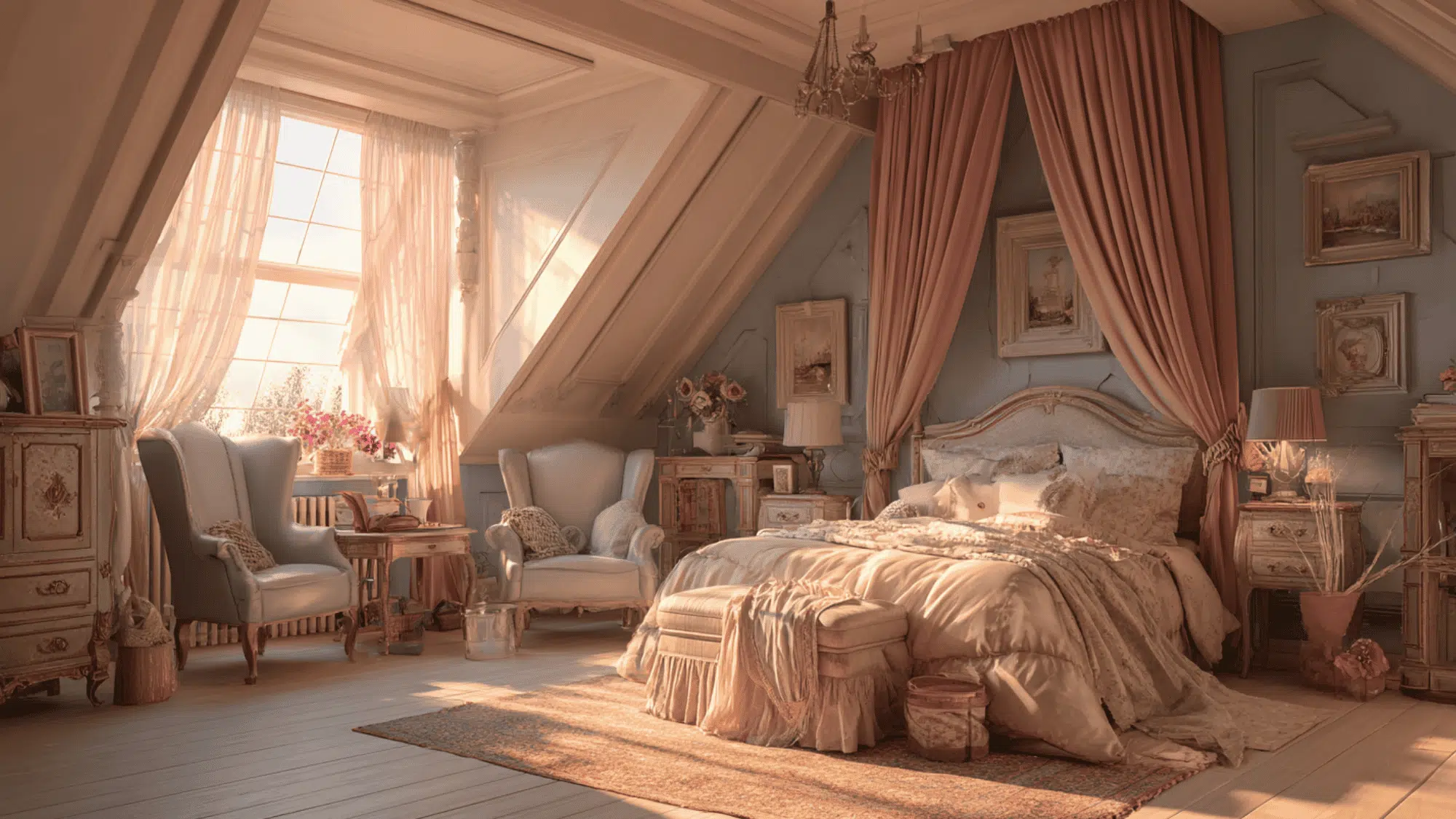 vintage attic bedroom with antique furniture pastel colors and classic décor for timeless charm