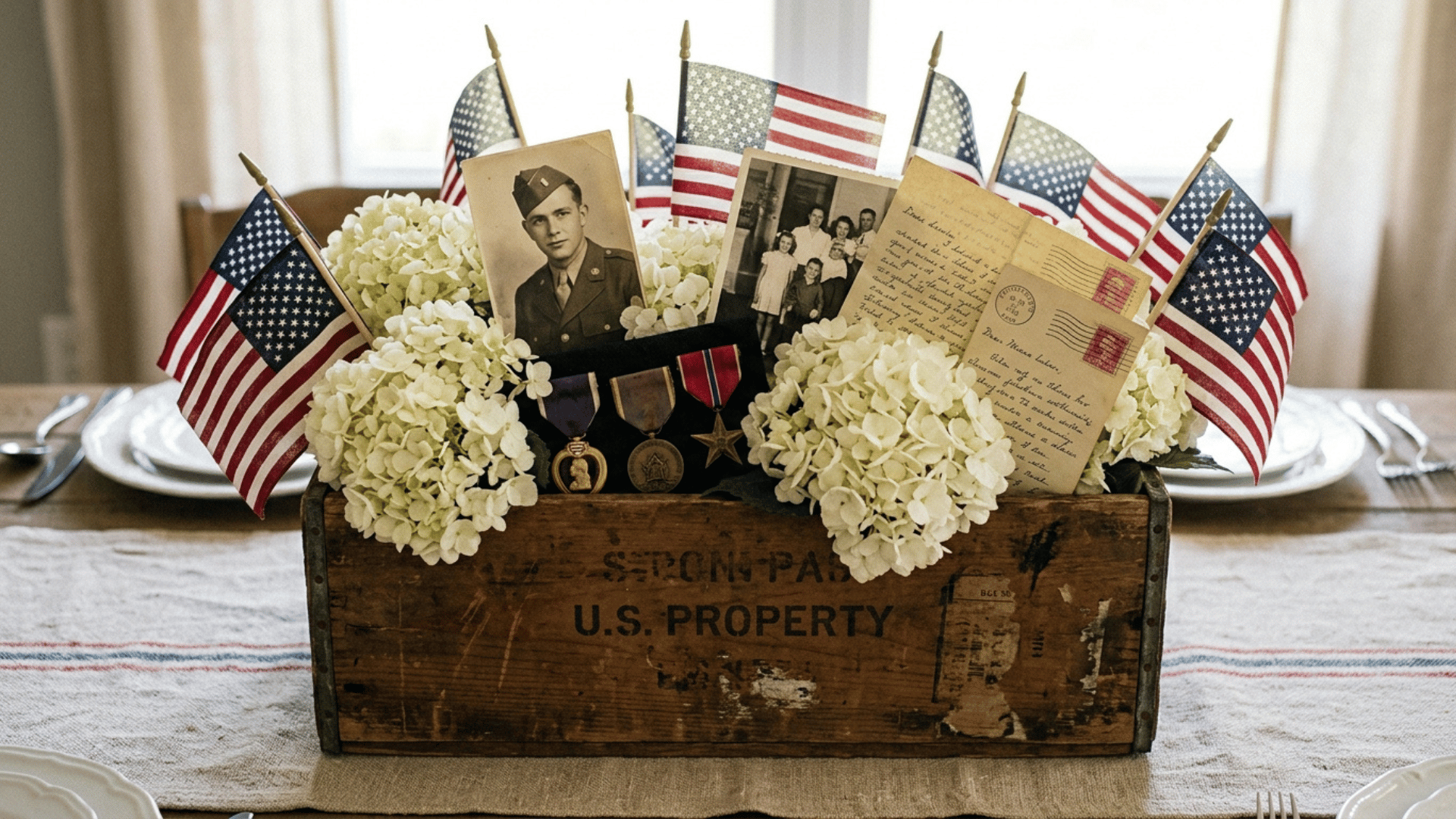 vintage wood box centerpiece with flags, medals, photos, and white hydrangeas.
