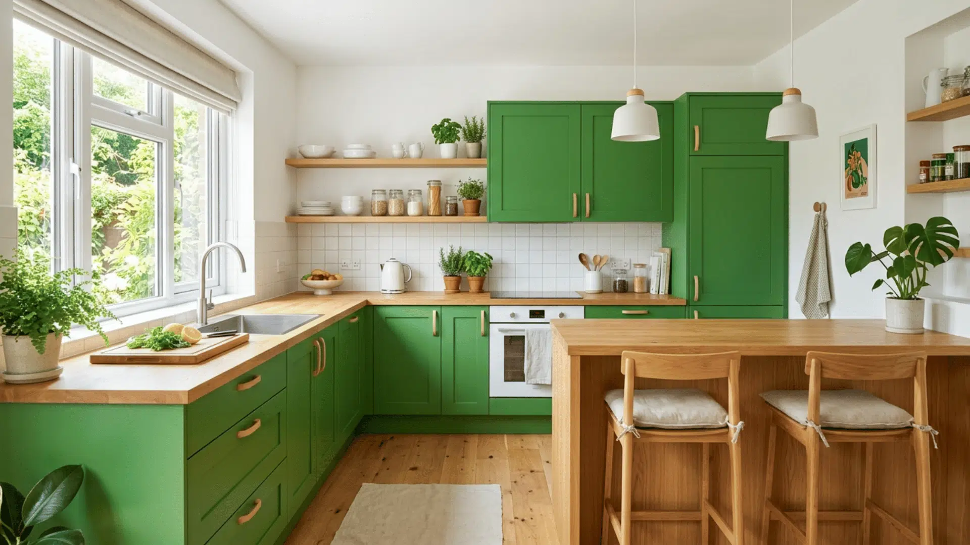 vivid green cabinets with blonde wood create a fresh bright kitchen with natural tones