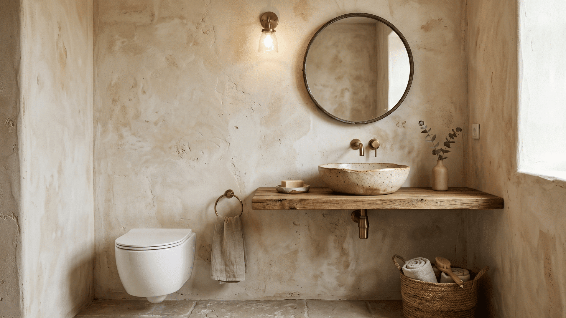 wabi sabi textured plaster guest bathroom with ceramic basin wood shelf soft lighting front view (3)