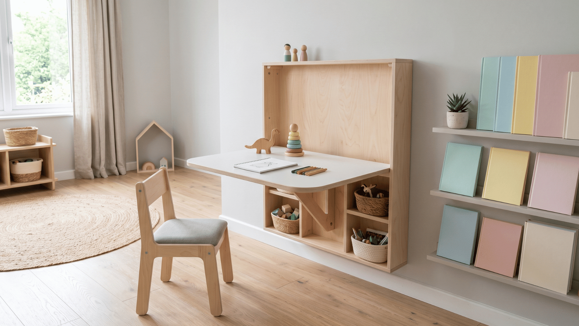 wall mounted fold table open with items inside clean room minimal setup soft natural light