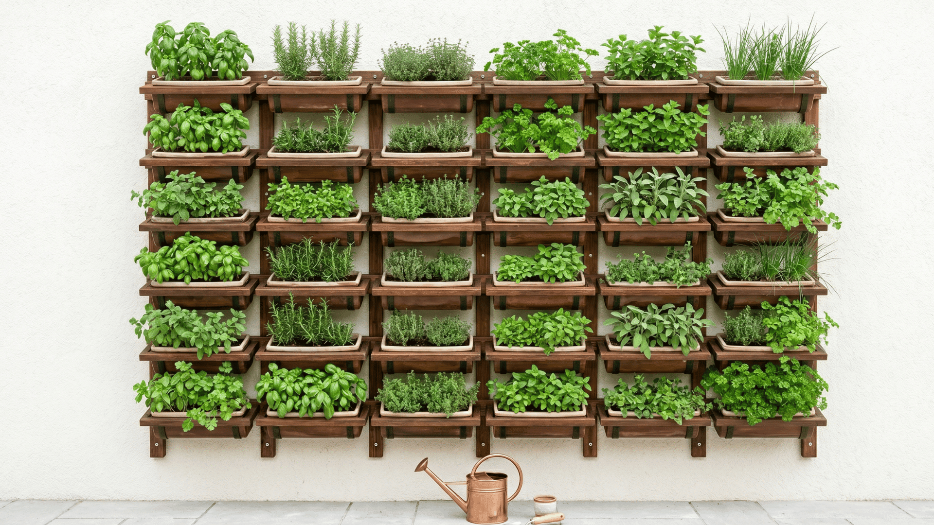 wall-mounted herb garden with green plants arranged in vertical rows
