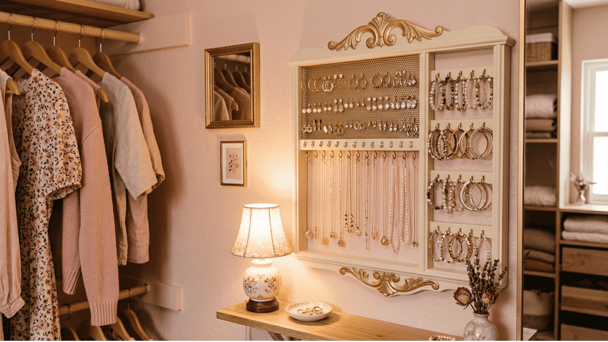 wall-mounted jewelry organizer as a DIY small closet idea for accessories.