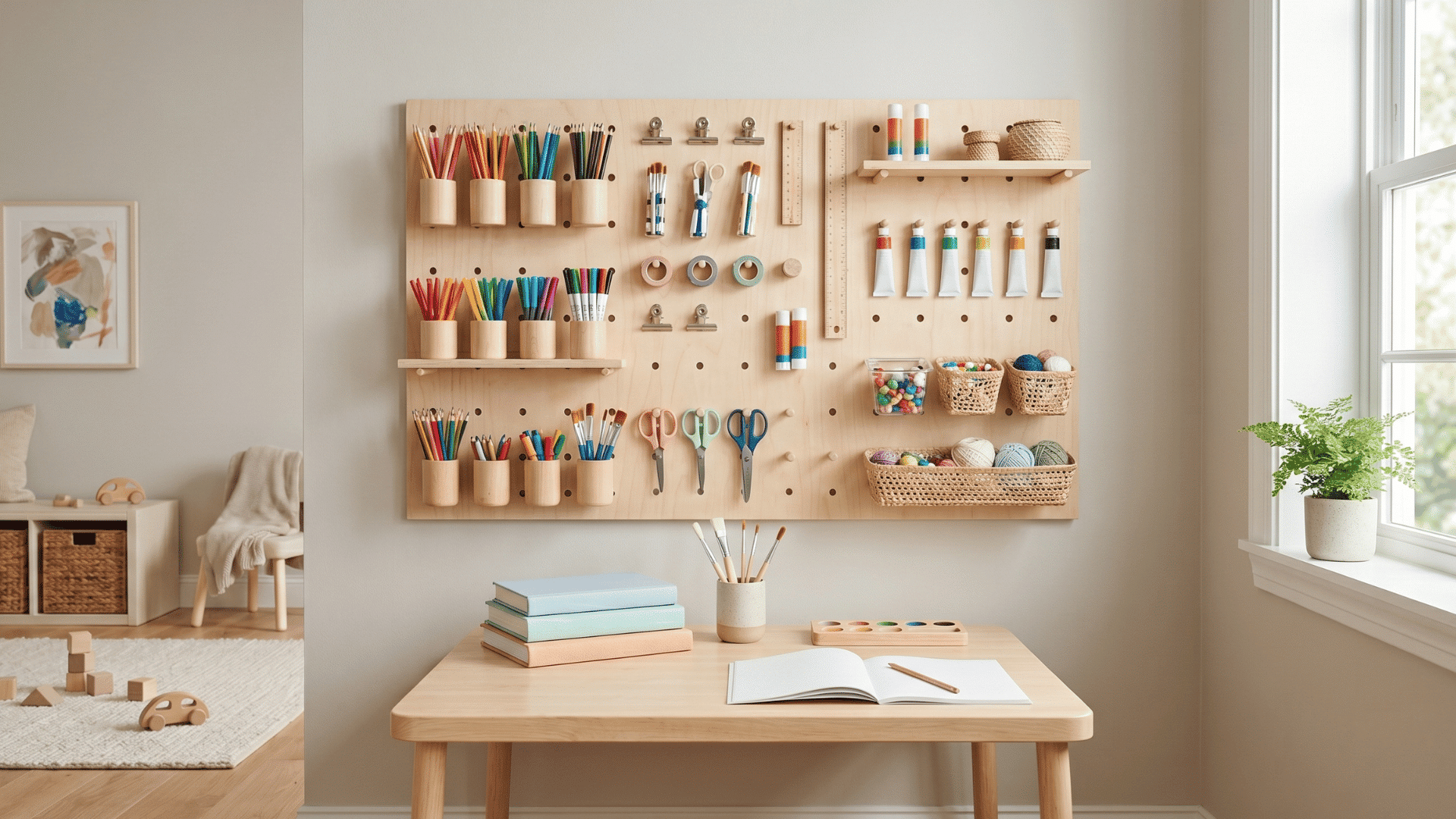 wall pegboard with tools hanging neatly minimal items light wall clean setup soft natural lighting