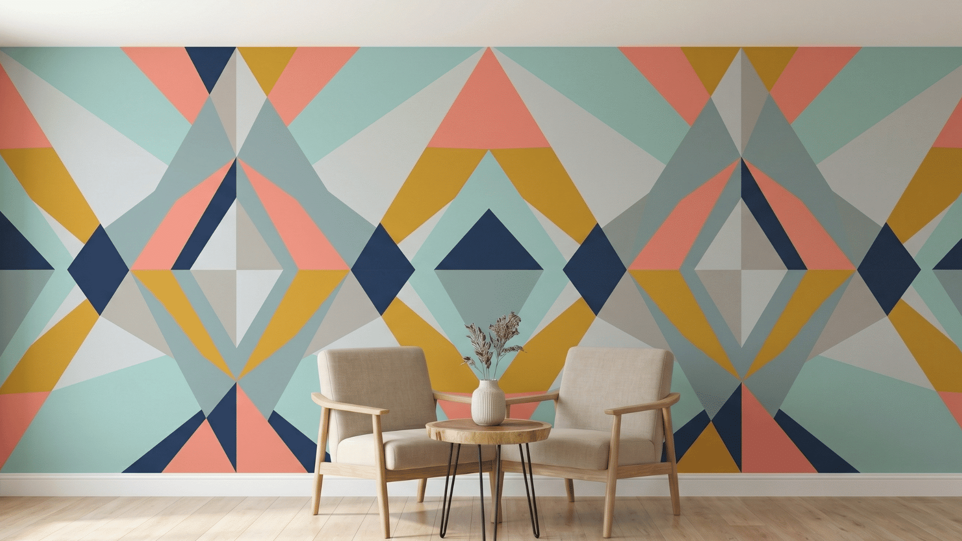 wall with geometric painted pattern in soft colors and clean lines