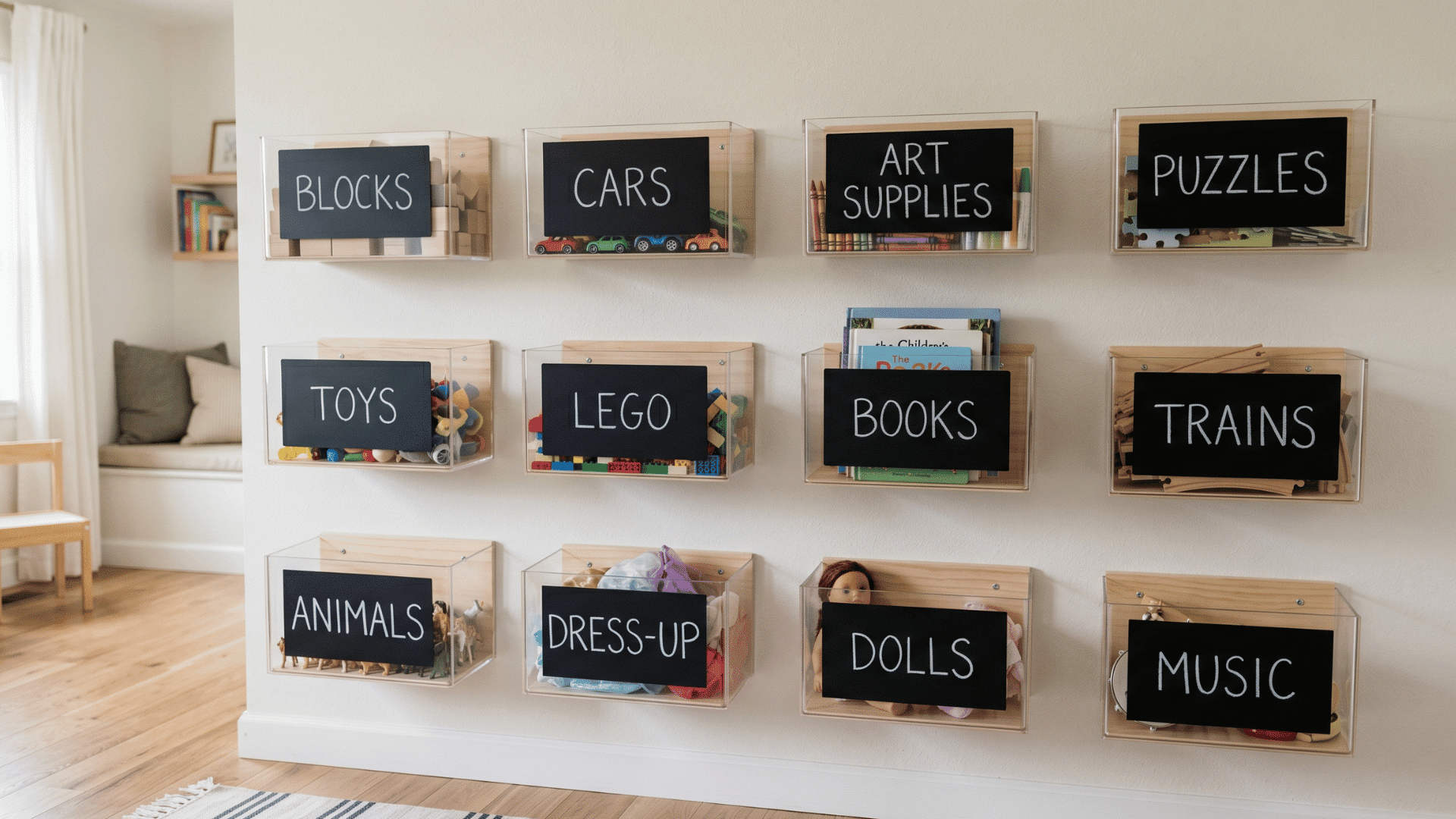 wall with mounted bins and blank chalkboard labels simple layout light wall minimal toys soft natural light clean look
