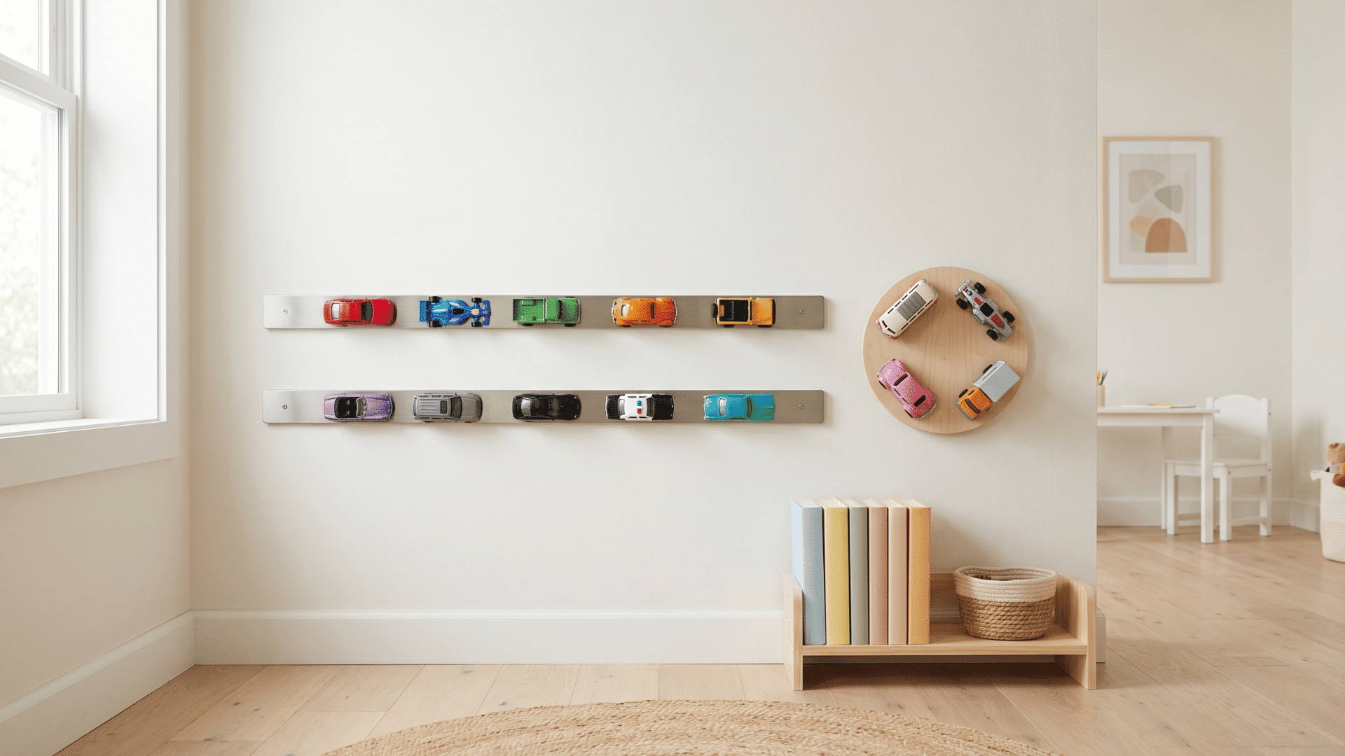 wall with toy cars attached to strips evenly spaced clean background simple layout soft lighting