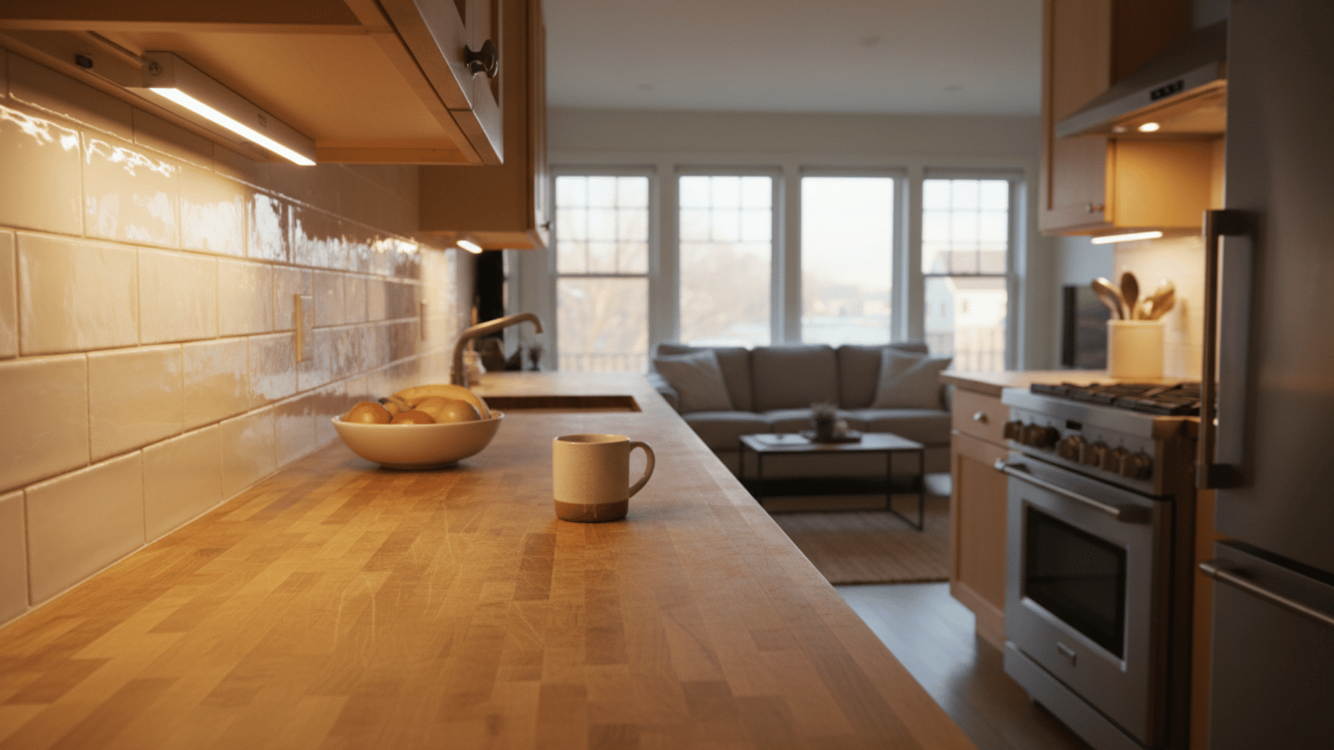 warm modern kitchen with wooden counters coffee mug and fruit bowl beside softly lit living room windows