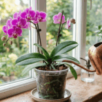 watering blooming orchid in a clear pot near a window, showing proper drainage and healthy green leaves.
