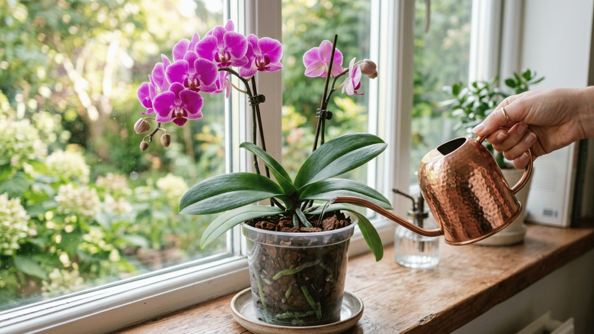 watering blooming orchid in a clear pot near a window, showing proper drainage and healthy green leaves.