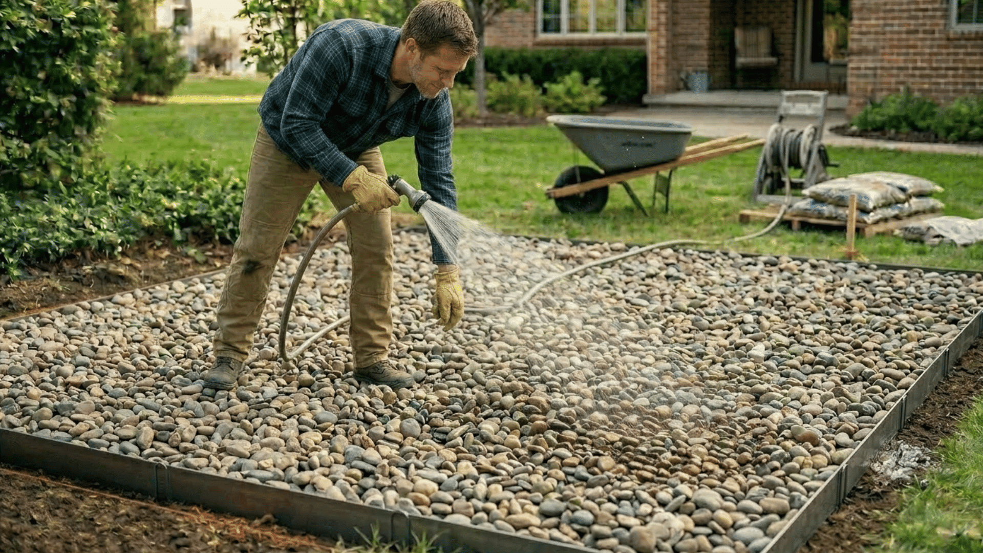 watering river rocks to settle them and enhance natural color and finish.