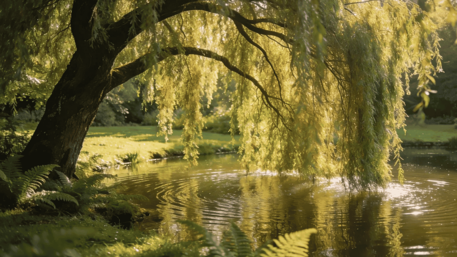 weeping willow tree with hanging branches beside a calm pond reflecting sunlight in a lush green garden