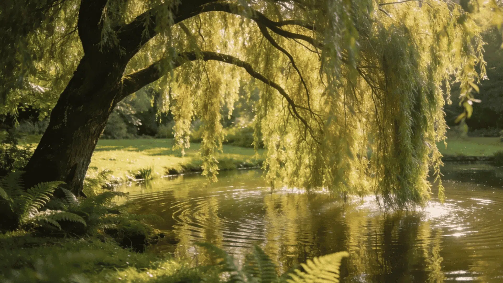 weeping willow tree with hanging branches beside a calm pond reflecting sunlight in a lush green garden