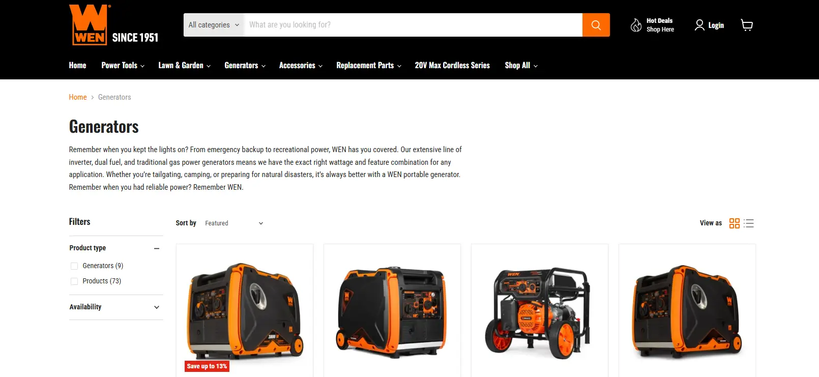 Four portable generators with orange accents displayed on a white background in a product list