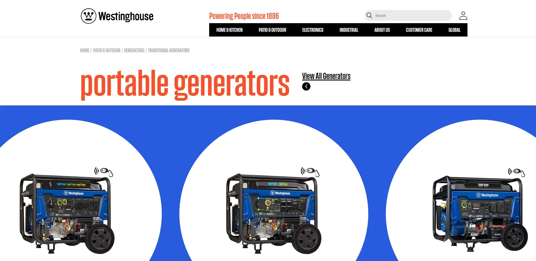 Three Westinghouse portable generators displayed against a blue and white background