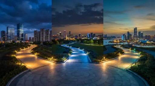City skyline at dusk with illuminated curved pathways and dramatic clouded sky