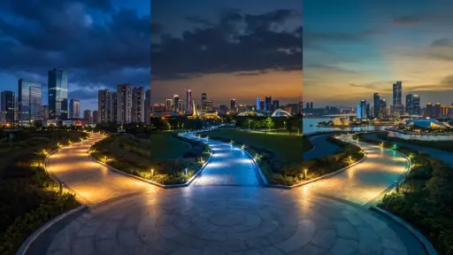 City skyline at dusk with illuminated curved pathways and dramatic clouded sky