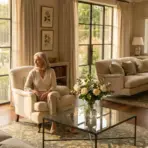 Woman sitting in elegant living room with large windows and natural light