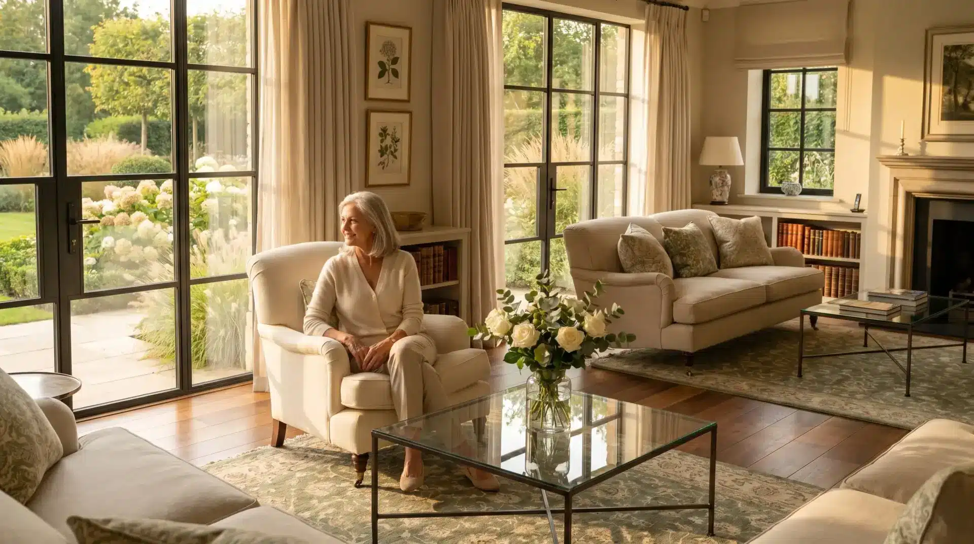 Woman sitting in elegant living room with large windows and natural light