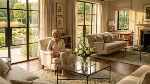 Woman sitting in elegant living room with large windows and natural light