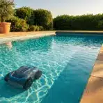 Robotic pool cleaner operating in a clear blue swimming pool with tiled patio and greenery