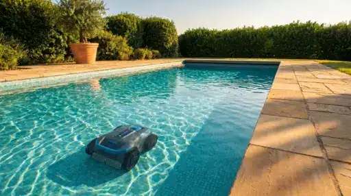 Robotic pool cleaner operating in a clear blue swimming pool with tiled patio and greenery