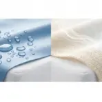 Two mattress covers, one with water droplets, another steaming in bright lighting.