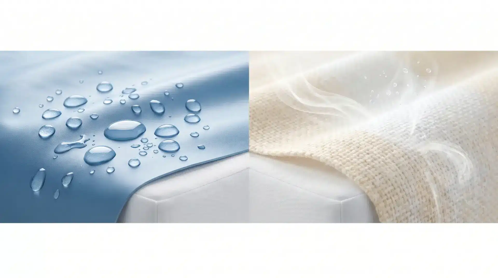 Two mattress covers, one with water droplets, another steaming in bright lighting.