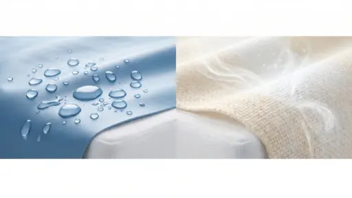 Two mattress covers, one with water droplets, another steaming in bright lighting.
