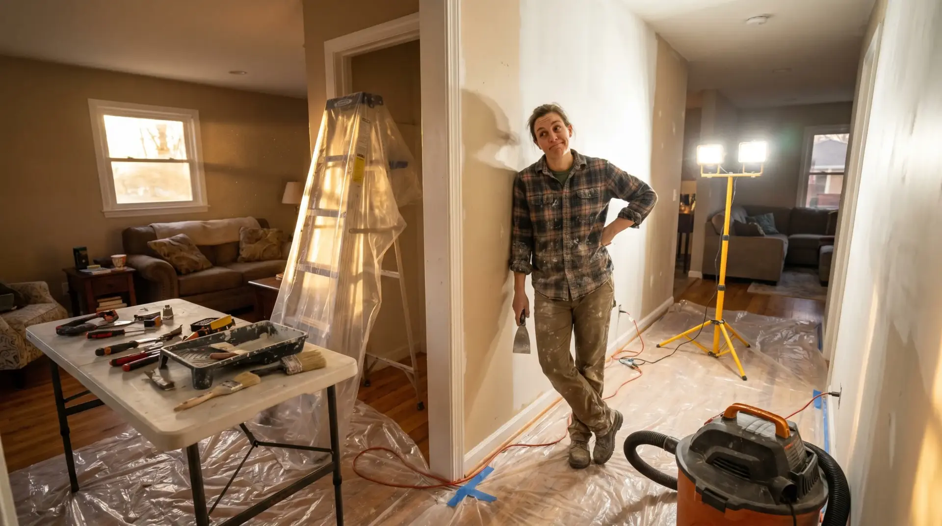 Person leaning against wall in partially renovated room with tools and ladder nearby