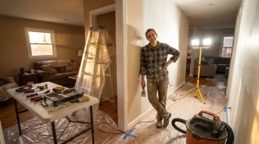 Person leaning against wall in partially renovated room with tools and ladder nearby