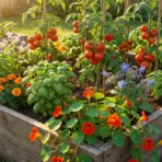 Tomato plants and colorful flowers growing in a sunny wooden raised garden bed