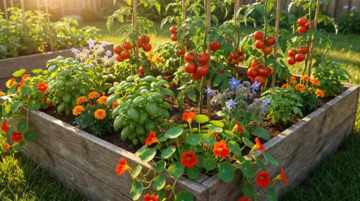 Tomato plants and colorful flowers growing in a sunny wooden raised garden bed