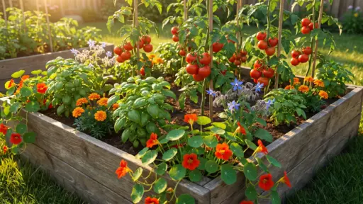 Tomato plants and colorful flowers growing in a sunny wooden raised garden bed