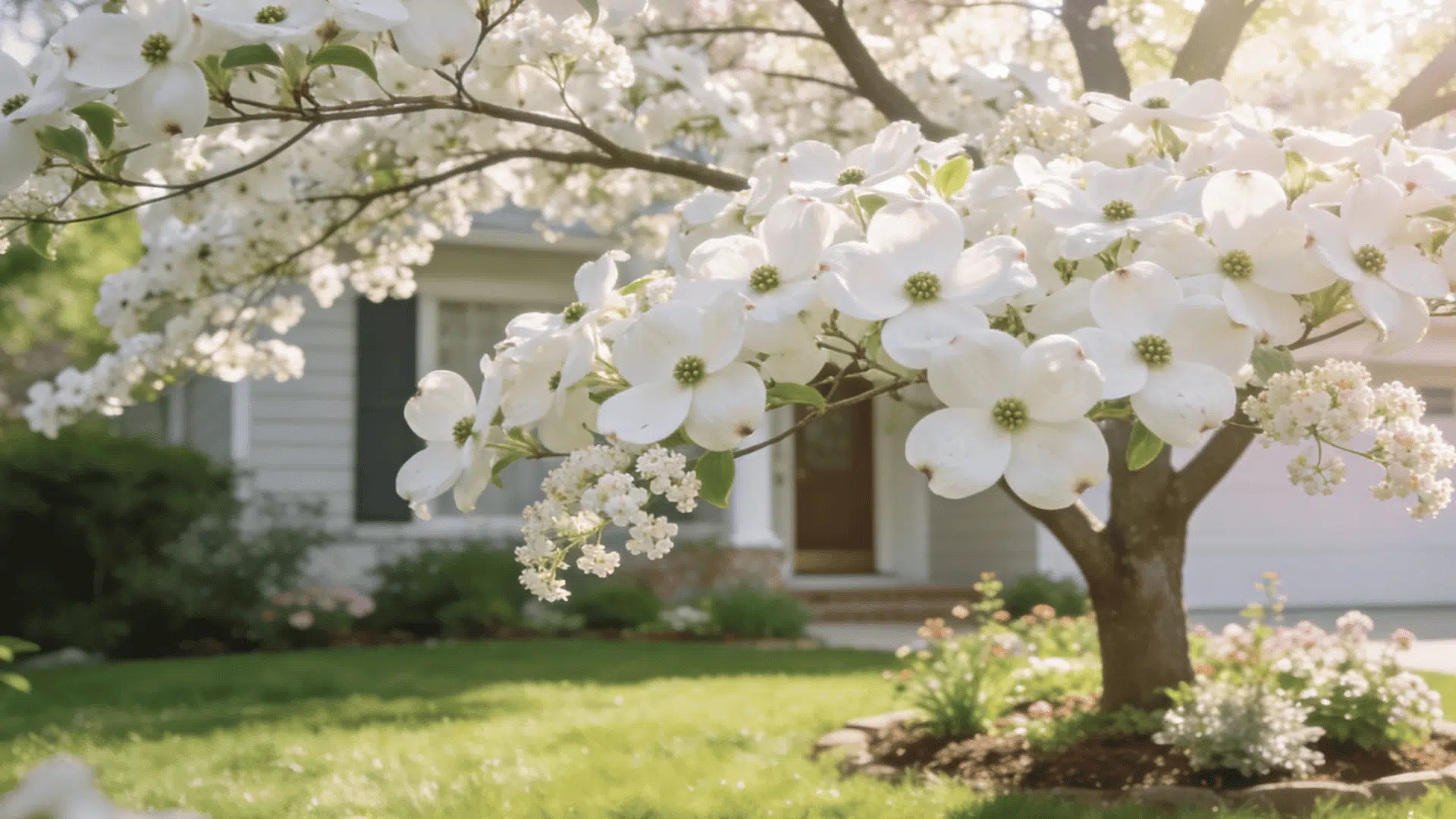 white dogwood blossoms covering a front yard tree beside a sunny suburban home