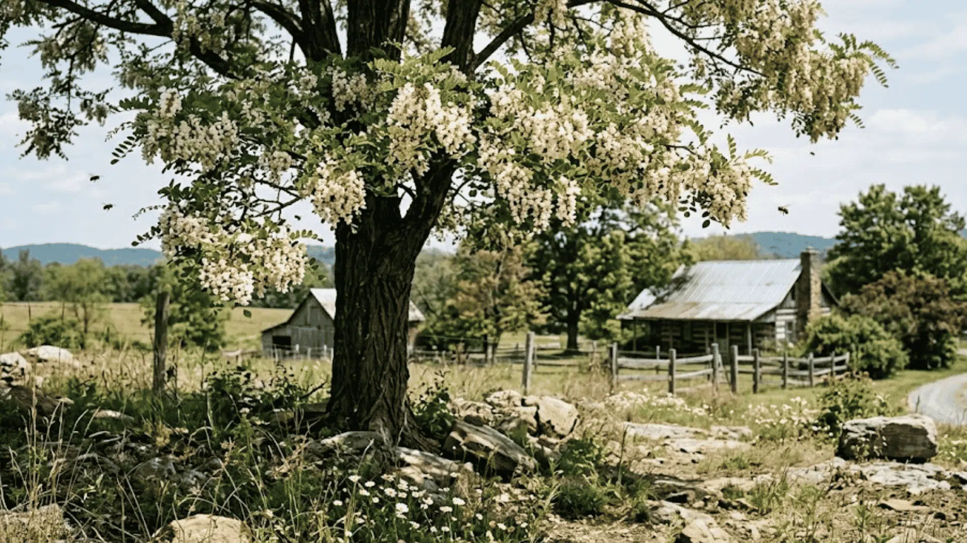 white flowering tree blooming beside a rustic farmhouse and winding country road in a rural landscape