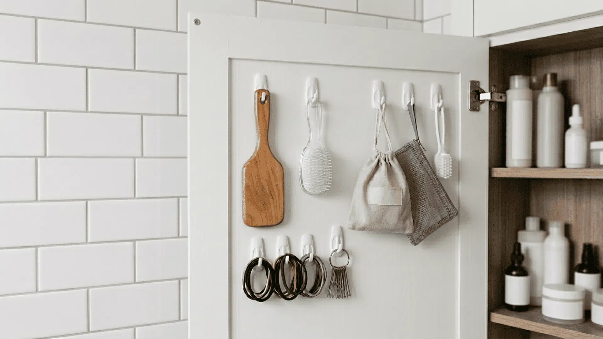 white metal over-the-door hooks hanging on a dark gray cabinet door holding a loofah and a towel.