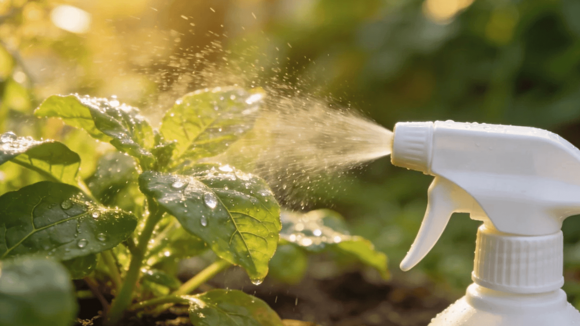 white spray bottle misting water onto green garden plants in sunlight