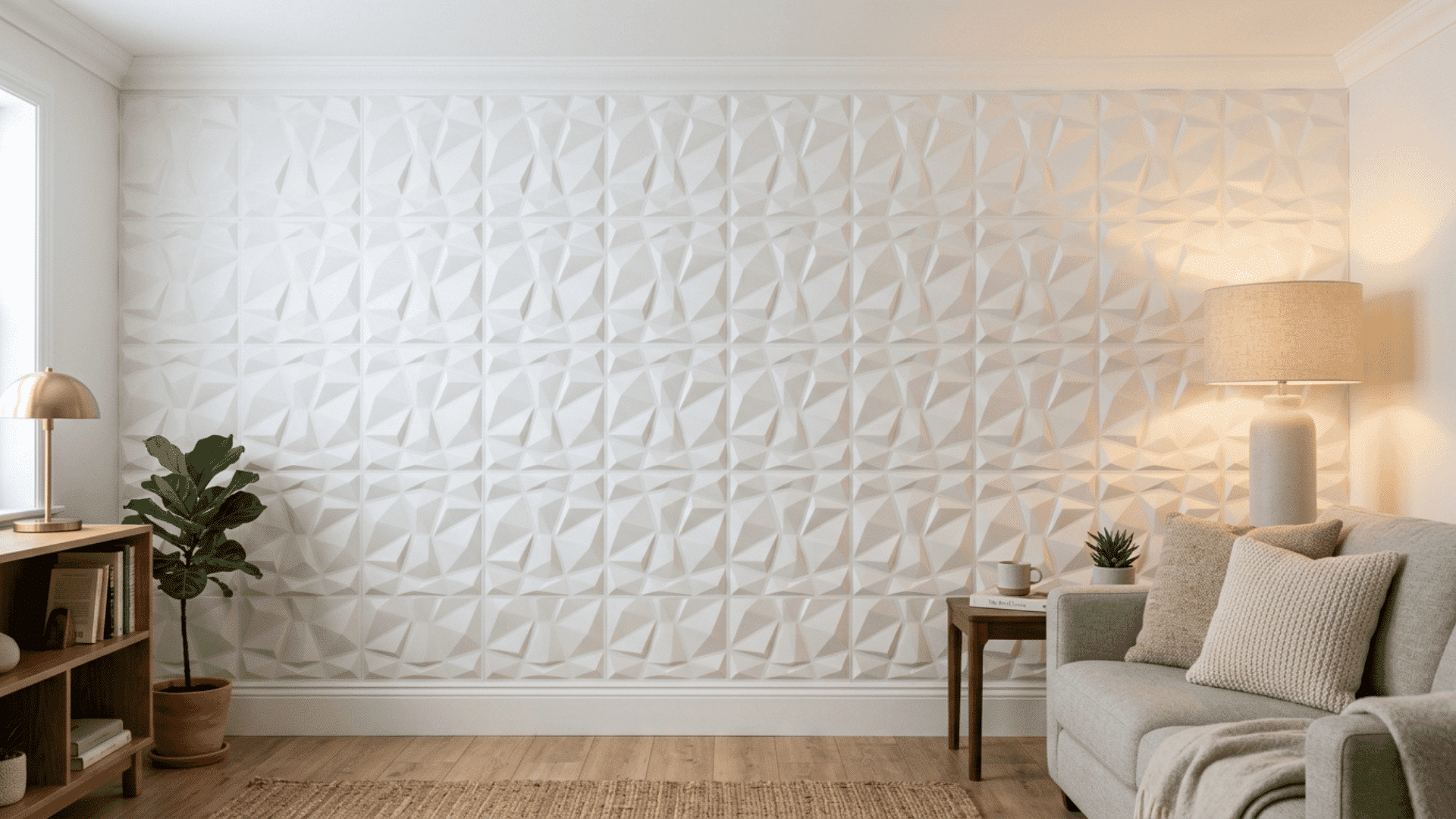 white textured stick on wall panels covering a living room accent wall with subtle three dimensional pattern