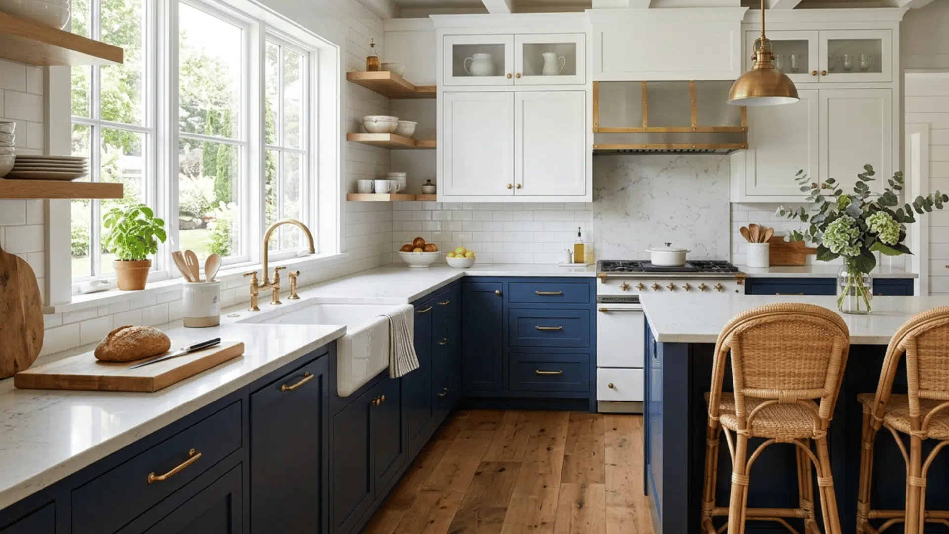 white upper cabinets with navy base create a clean modern kitchen with bright lighting and balanced contrast (1)