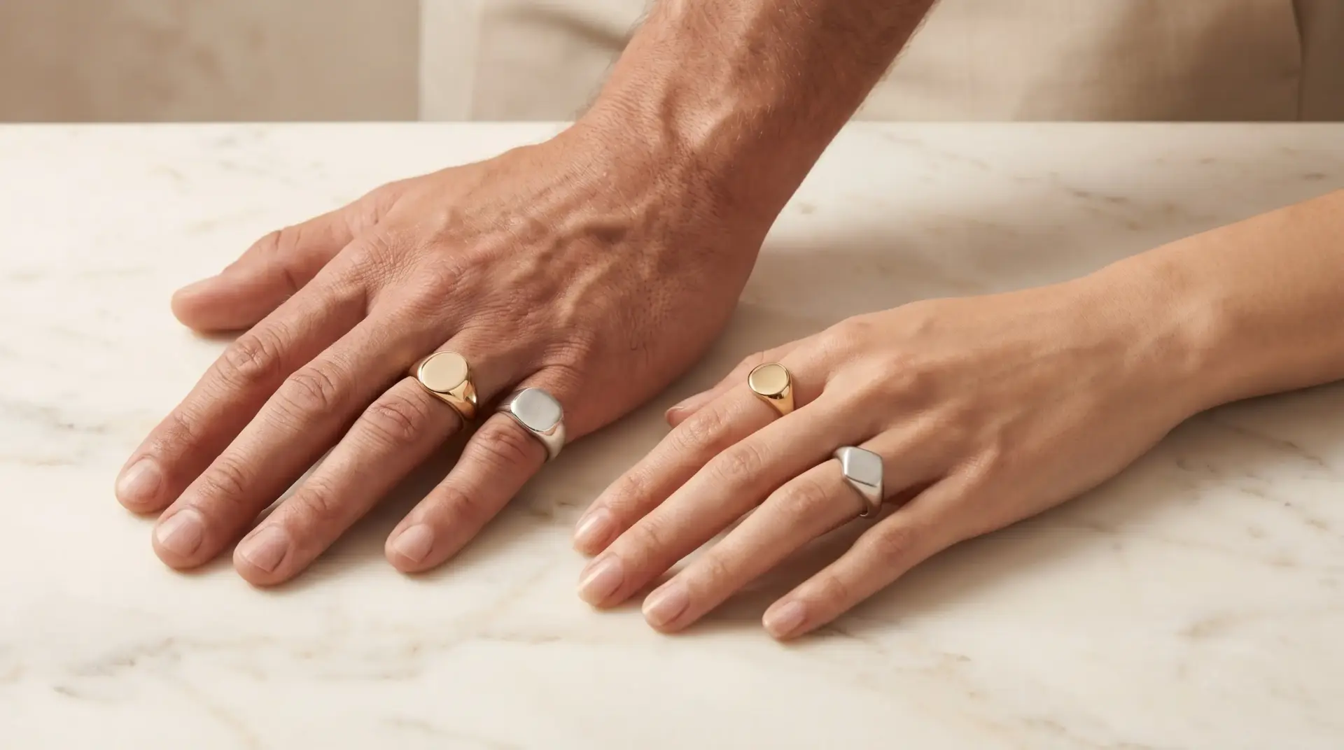 Hands wearing gold and silver signet rings resting on a marble surface
