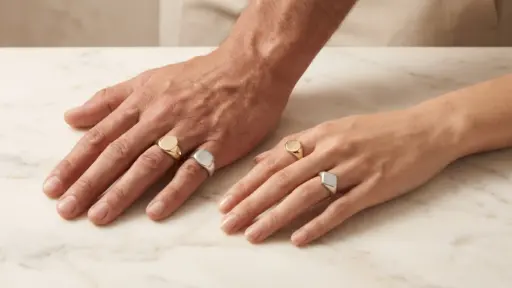 Hands wearing gold and silver signet rings resting on a marble surface