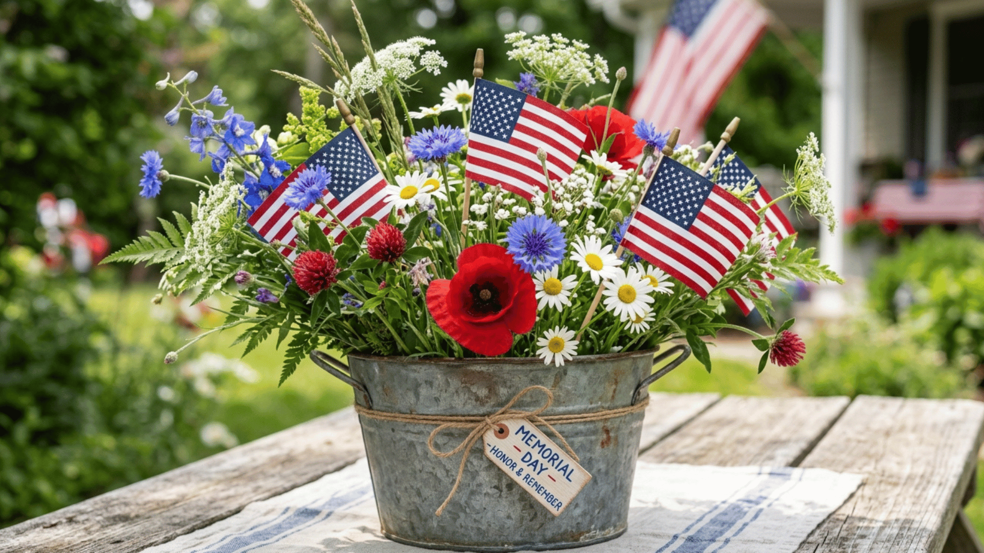 wildflower Memorial Day arrangement in metal bucket with American flags and greenery.