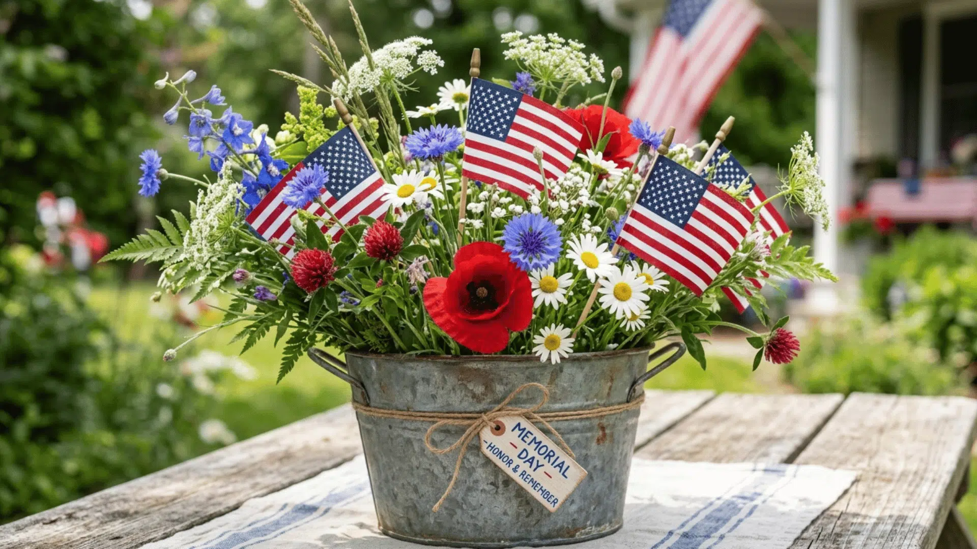 wildflower Memorial Day arrangement in metal bucket with American flags and greenery.